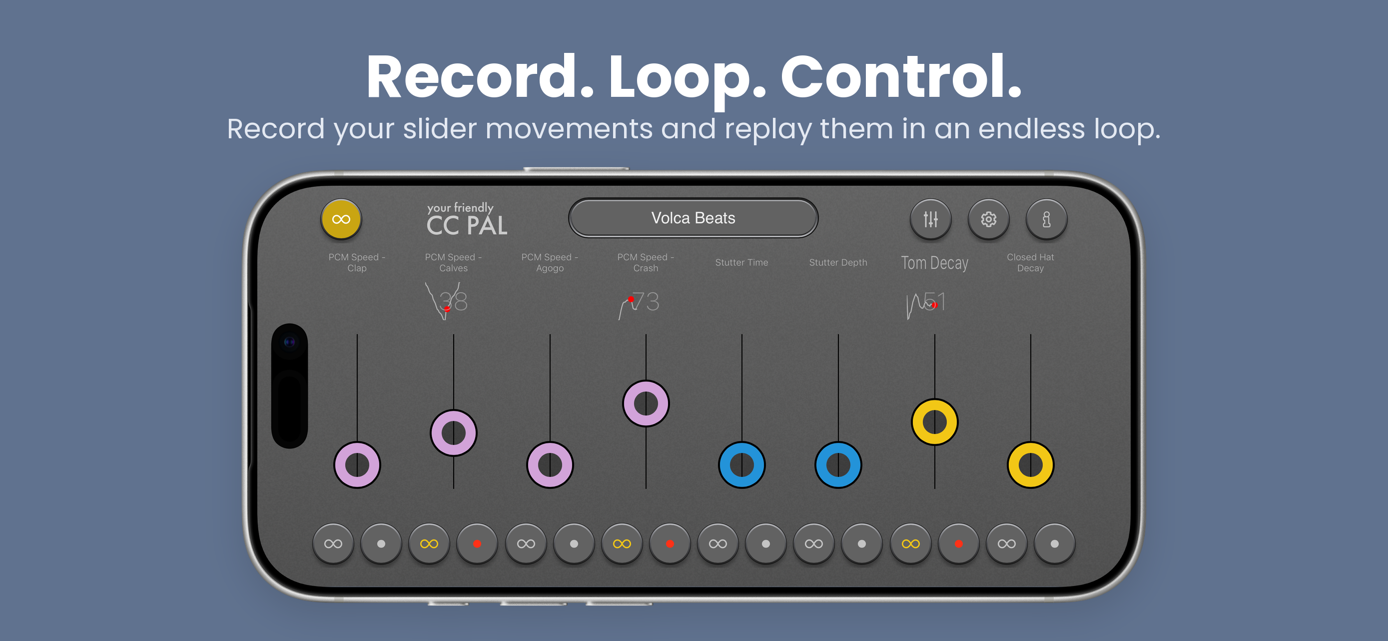 CC PAL in landscape on an iPhone showing the Volca Beats preset with eight sliders, small movement charts above the sliders and loop and record buttons below