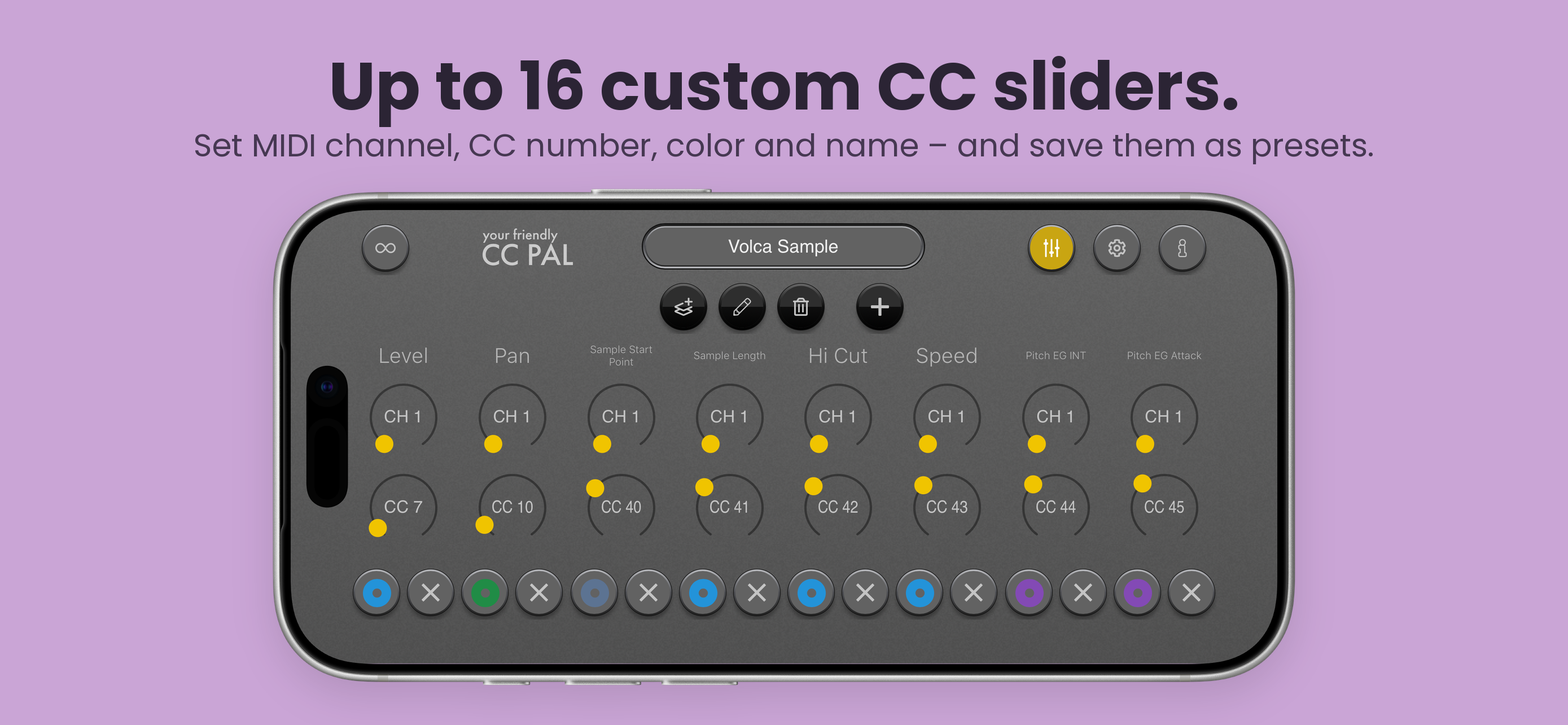 CC PAL slider editor showing the Volca Sample preset with eight sliders, each with a MIDI channel, CC number, color and name