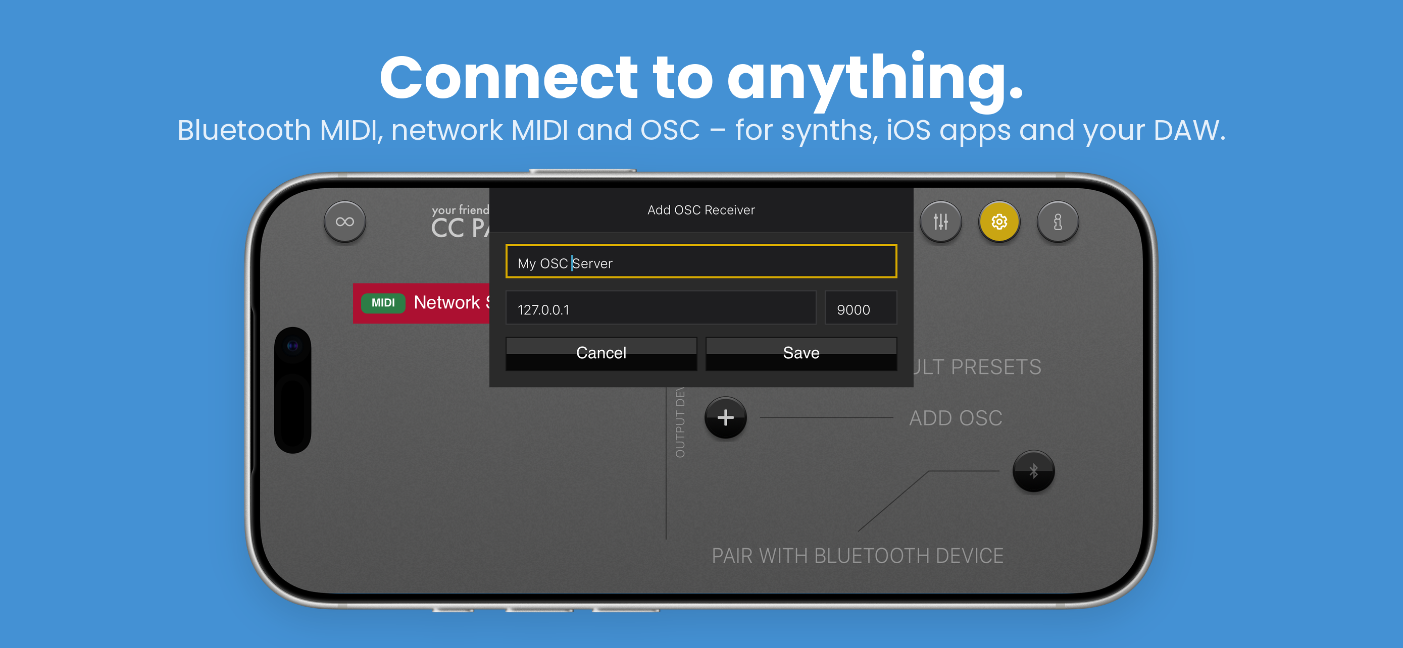 CC PAL settings screen with the Add OSC Receiver dialog open, asking for a name, an IP address and a port